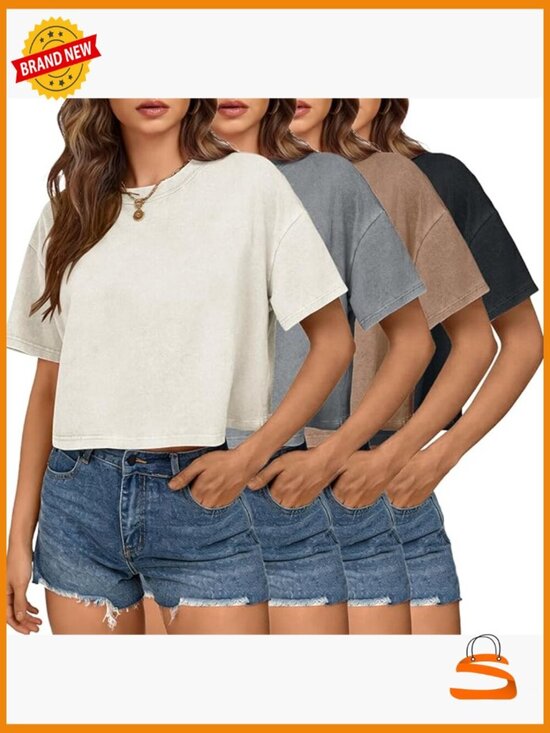 Tops - Cropped Acid Wash Tee Baggy Vintage Style Cotton T-Shirt